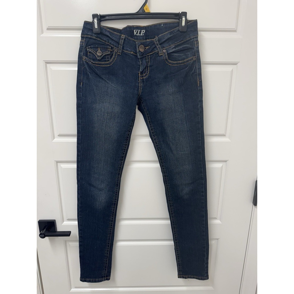 VIP Jeans Womens Dk Wash Blue Denim Skinny Jeans Size 7/8 V.I.P. EUC A9